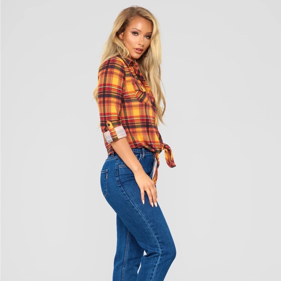 Fashion Nova Mustard Plaid Tie Knot Button Up Top - Picture 5 of 13